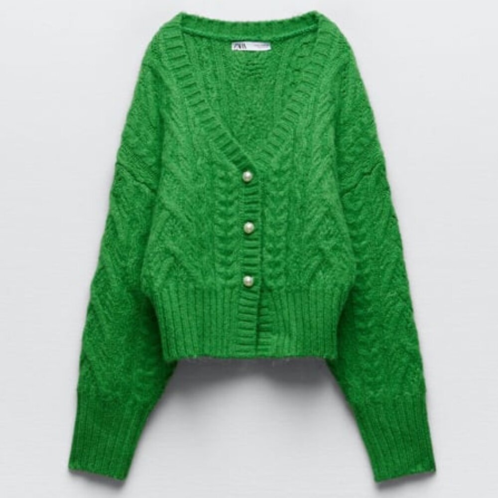 Zara Emerald Green Long Sleeve Cardigan w/ Decorative Buttons-Size Small